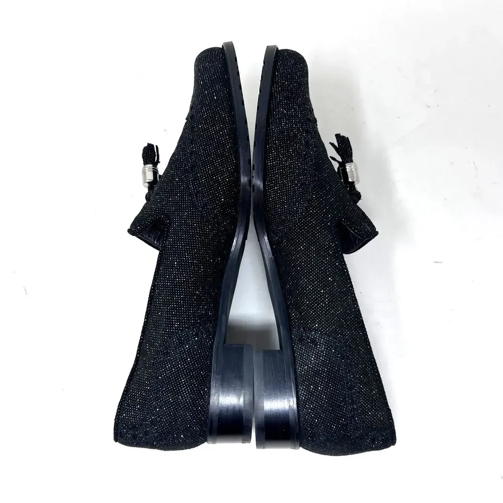 Stuart Weitzman Guy Thing Black Glitter Tassel Block Heel Loafers Womens 8.5 M‎